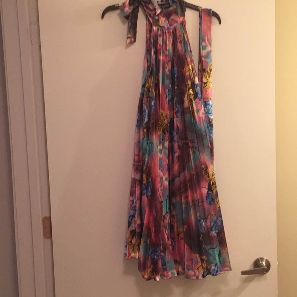 Multicolored Pink Pleated Halter Dress